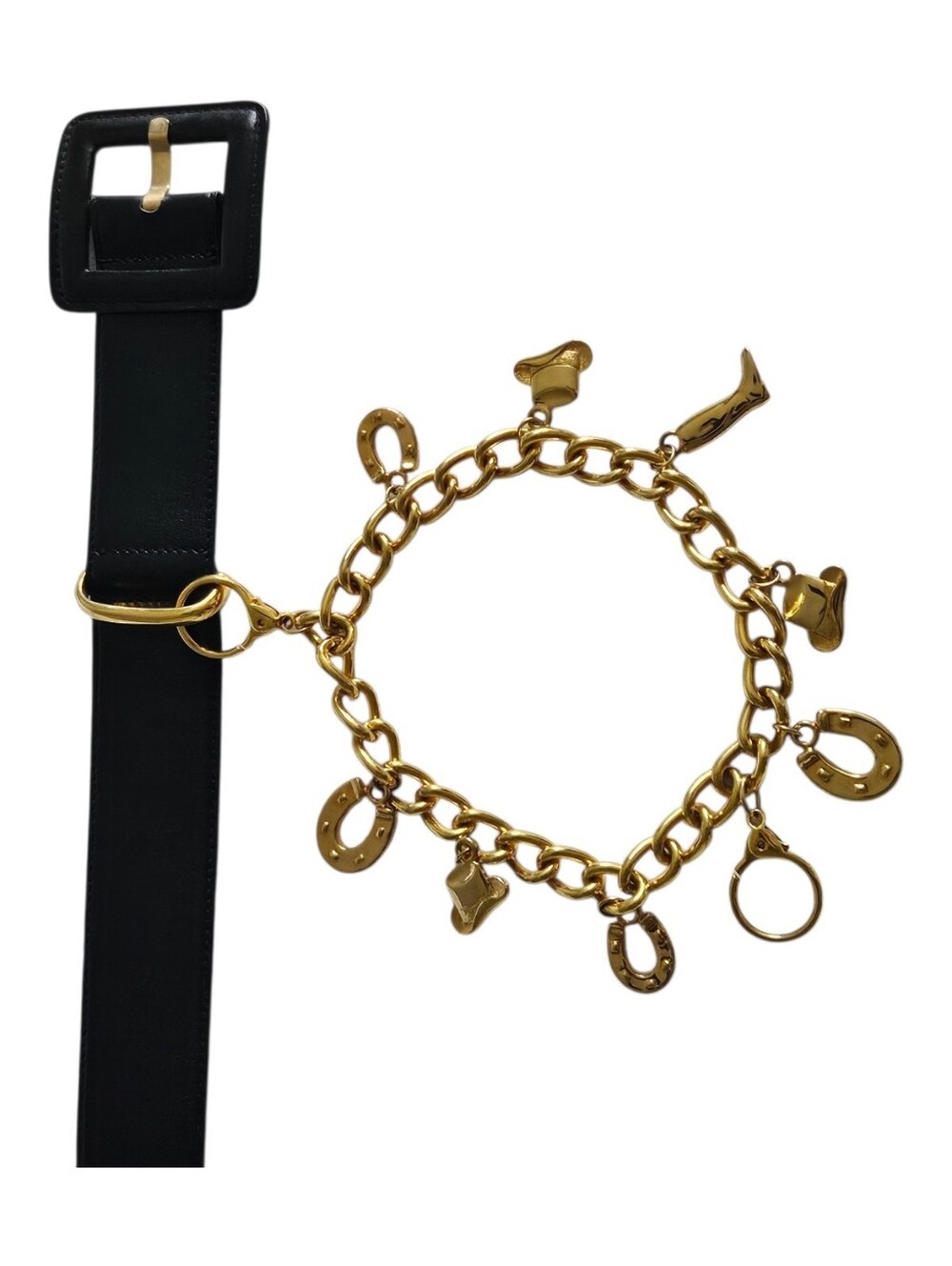 Vintage Escada Gold-Tone Double Chain Black Leather Belt Equestrian